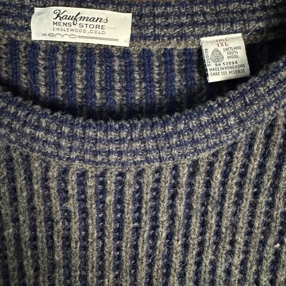 Vintage Mens Navy Blue Gray Ribbed 100% Wool Oversized Crew Neck Sweater Sz 1XL - Picture 9 of 9